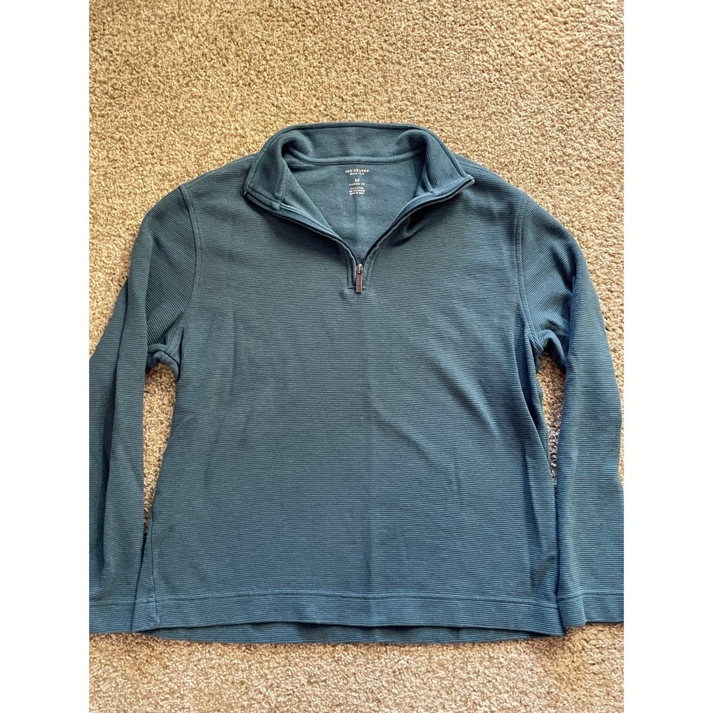Van Heusen Never Tuck Mens Medium Teal Quarter Zip Sweater preppy dadcore
